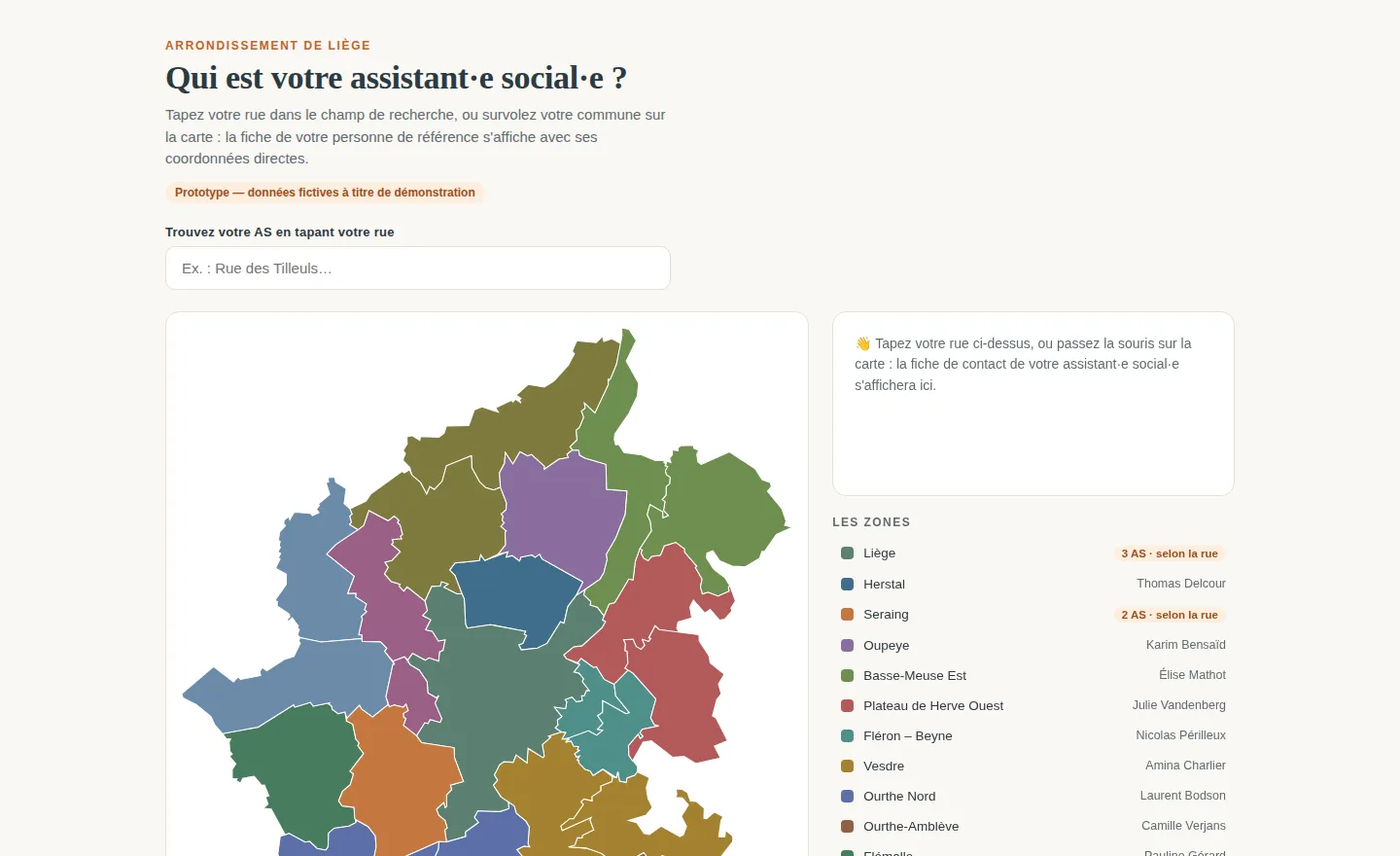 Carte des 24 communes de l'arrondissement, recherche de rue et liste des zones.